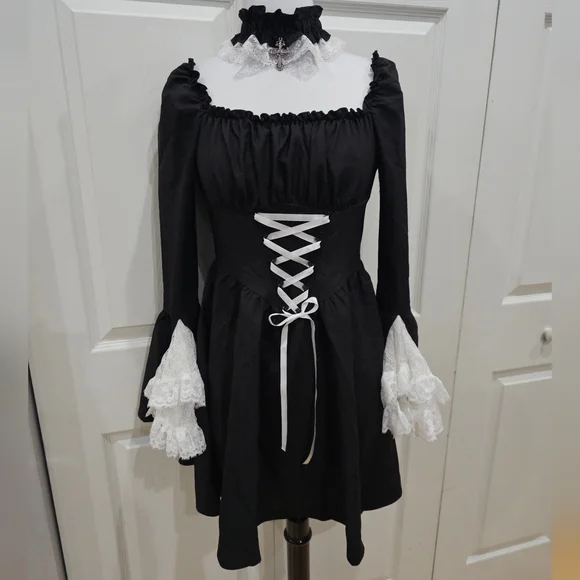 Dolls Kill Dark In Love Black & White Lace Goth Witchy Lace Up Mini Dress M - Picture 8 of 11